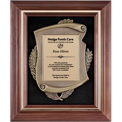 Genuine Walnut Frame Scroll Metal Casting Black Velour Brush Brass Engraving Plate Award