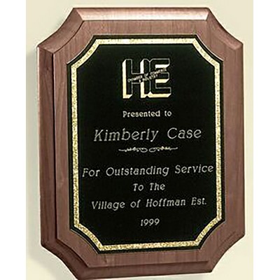 Walnut Notched Corner Plaque with Black Brass Florentine Plate, 9"x12"